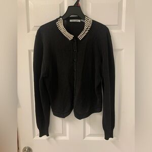 Vintage Robin Sickler Black Cardigan w/ Pearl Like Collar SZ Medium